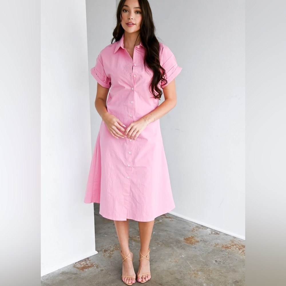 NWT Never A Wallflower Aster Short Sleeve Shirt Dress Pink Midi Size XS